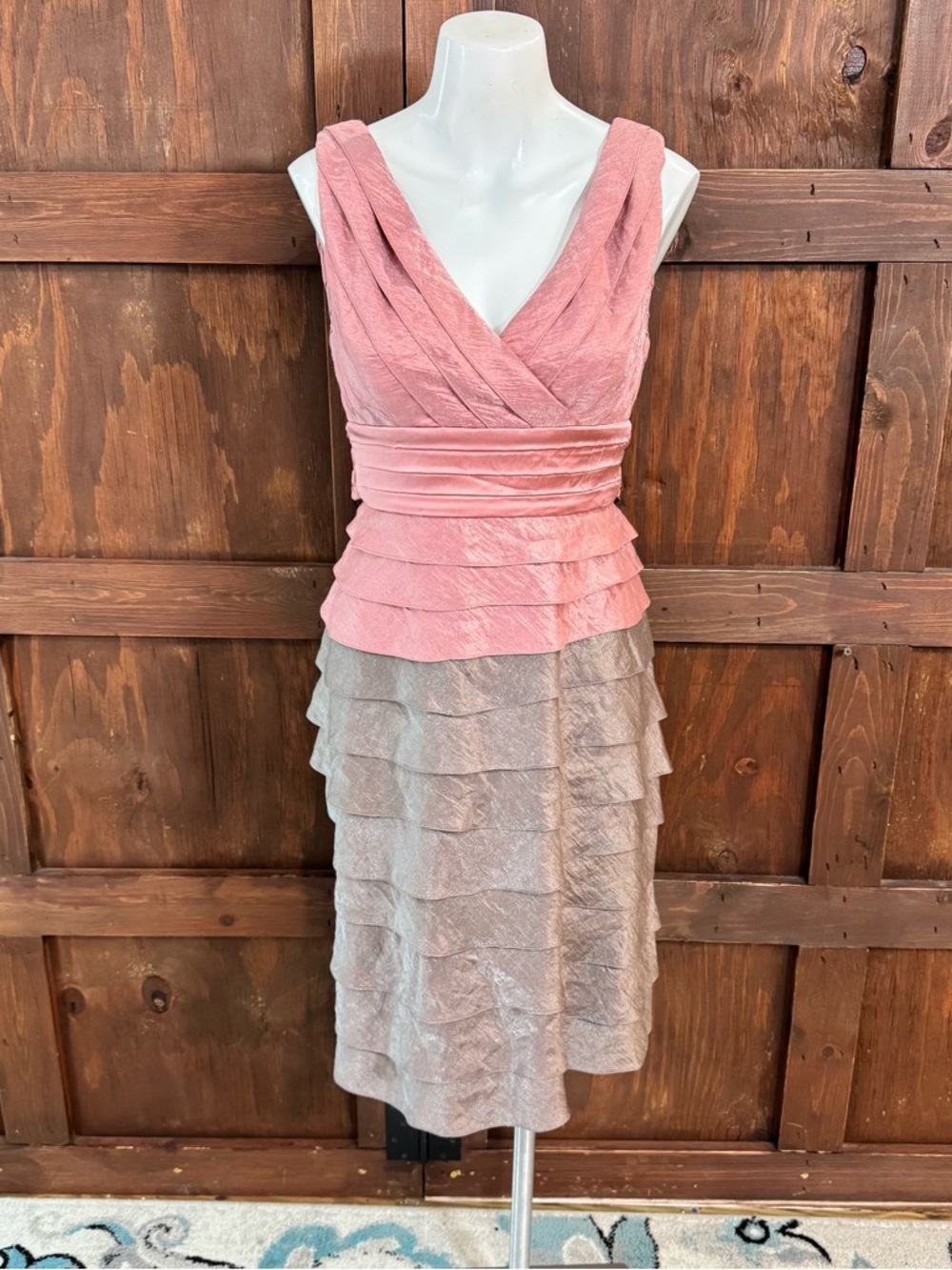 Adrianna Papell Pink & Taupe Layered V-Neck Midi Dress